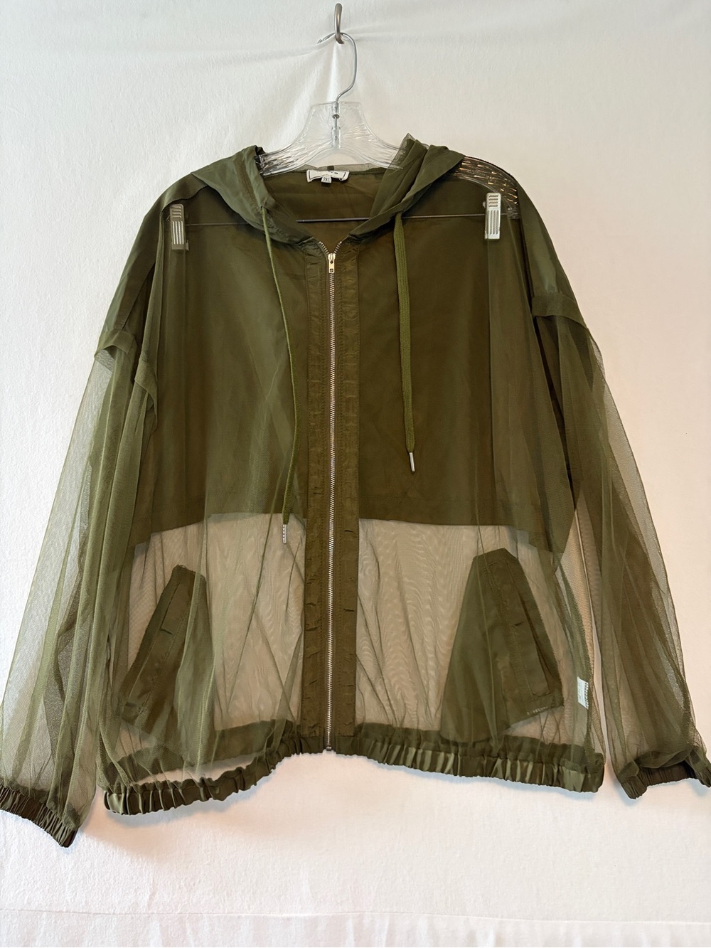 Olive Green Sheer Hooded Bomber Jacket